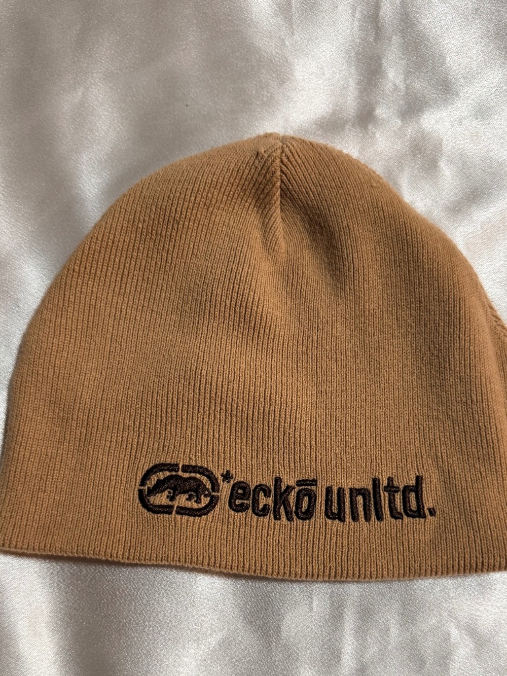 Vintage Ecko Unltd Reversible Beanie Brown Tan Embroidered Logo Y2K